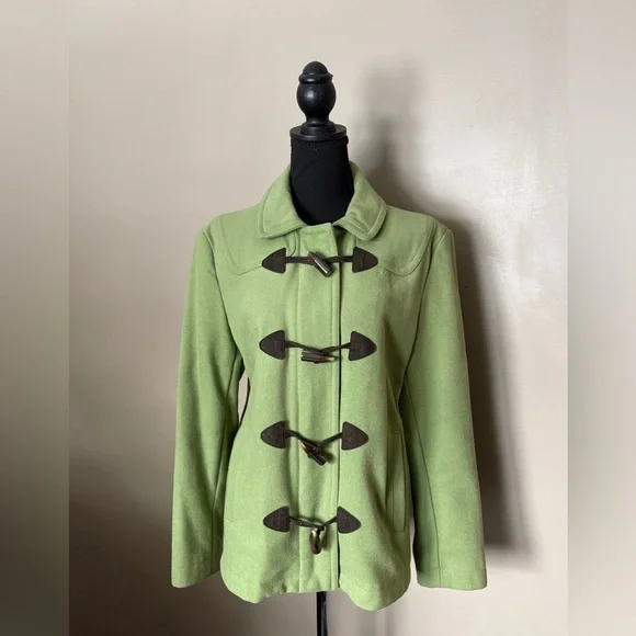 GAP Y2K apple green wool blend duffle coat toggle buttons preppy women’s L EUC - Picture 1 of 16